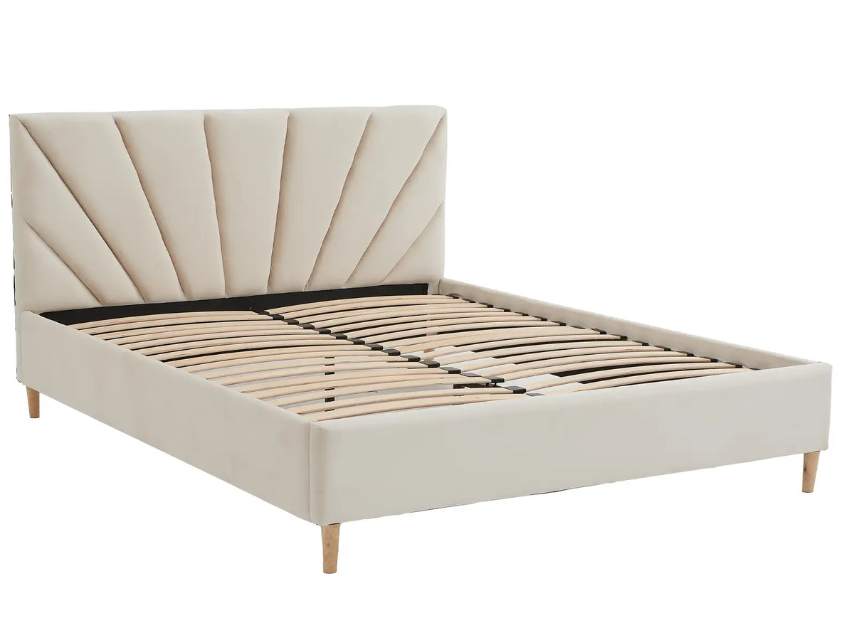 Solaris Cream Bed — Handcrafted Upholstered Bed with Art Déco Headboard