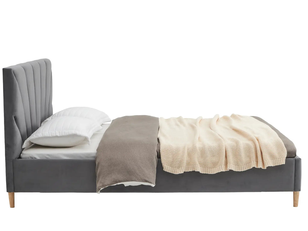 Solaris Grey Bed — Handcrafted Upholstered Bed with Art Déco Headboard