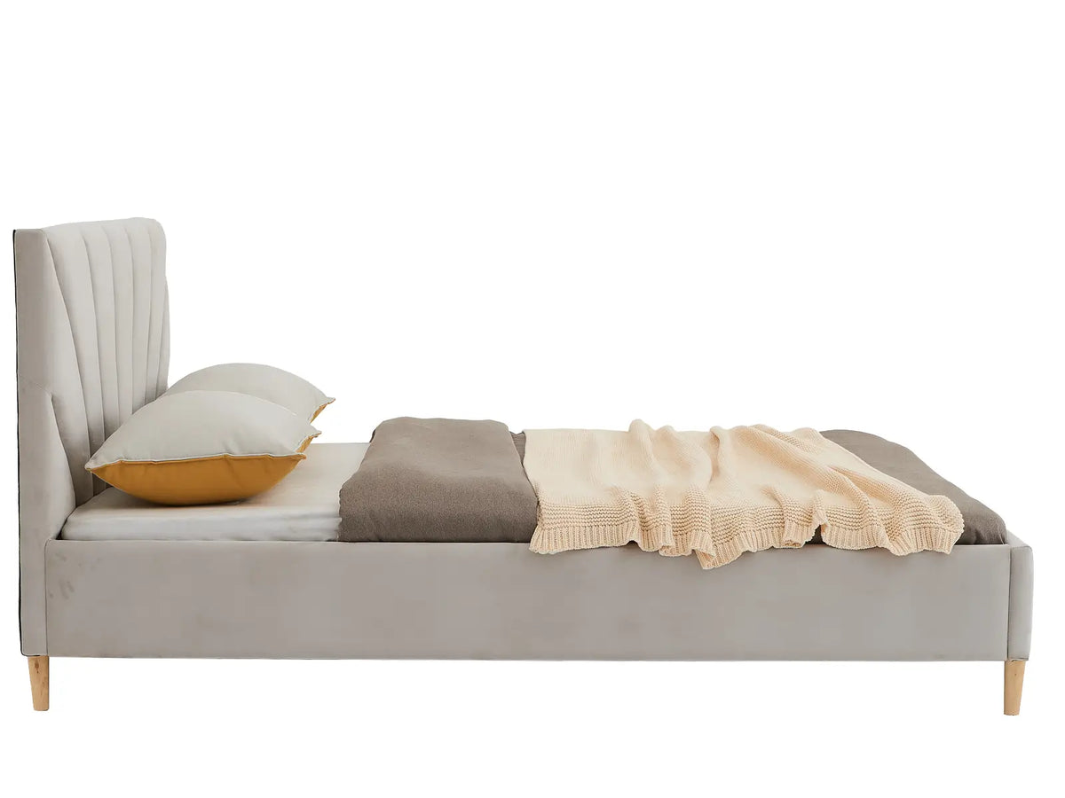 Solaris Beige Bed — Handcrafted Upholstered Bed with Art Déco Headboard