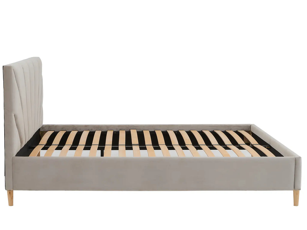 Solaris Beige Bed — Handcrafted Upholstered Bed with Art Déco Headboard