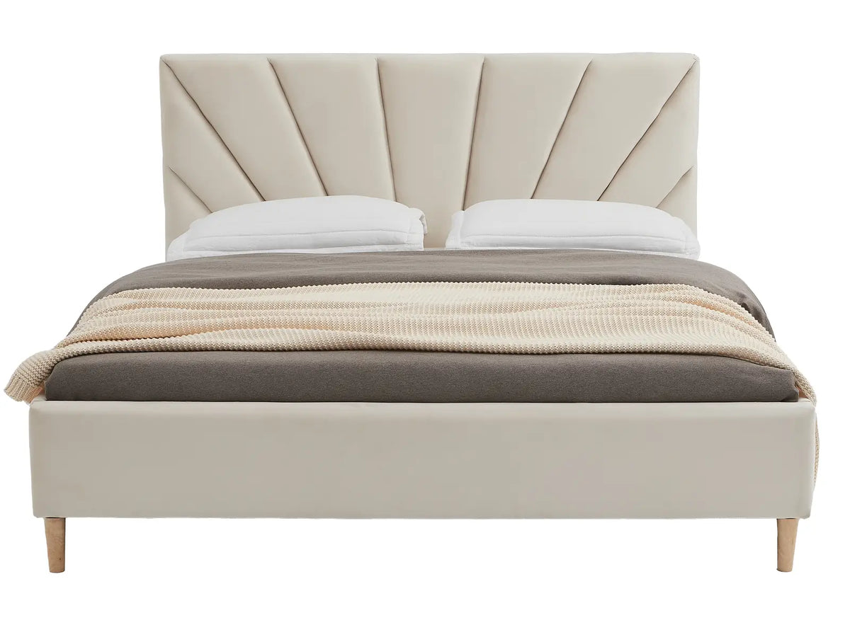 Solaris Cream Bed — Handcrafted Upholstered Bed with Art Déco Headboard