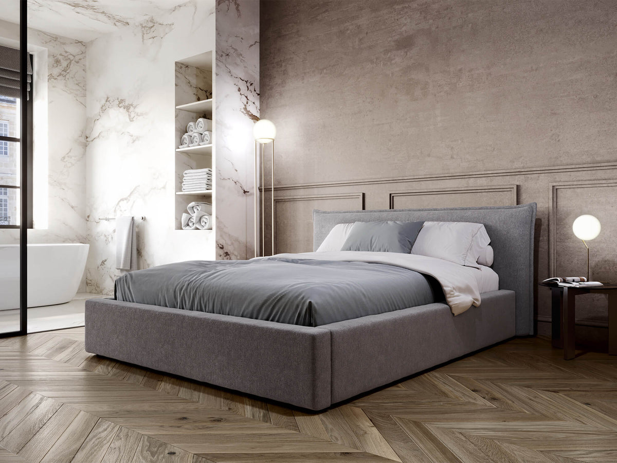 Lino Grey Bed — Handcrafted Upholstered Bed with Storage