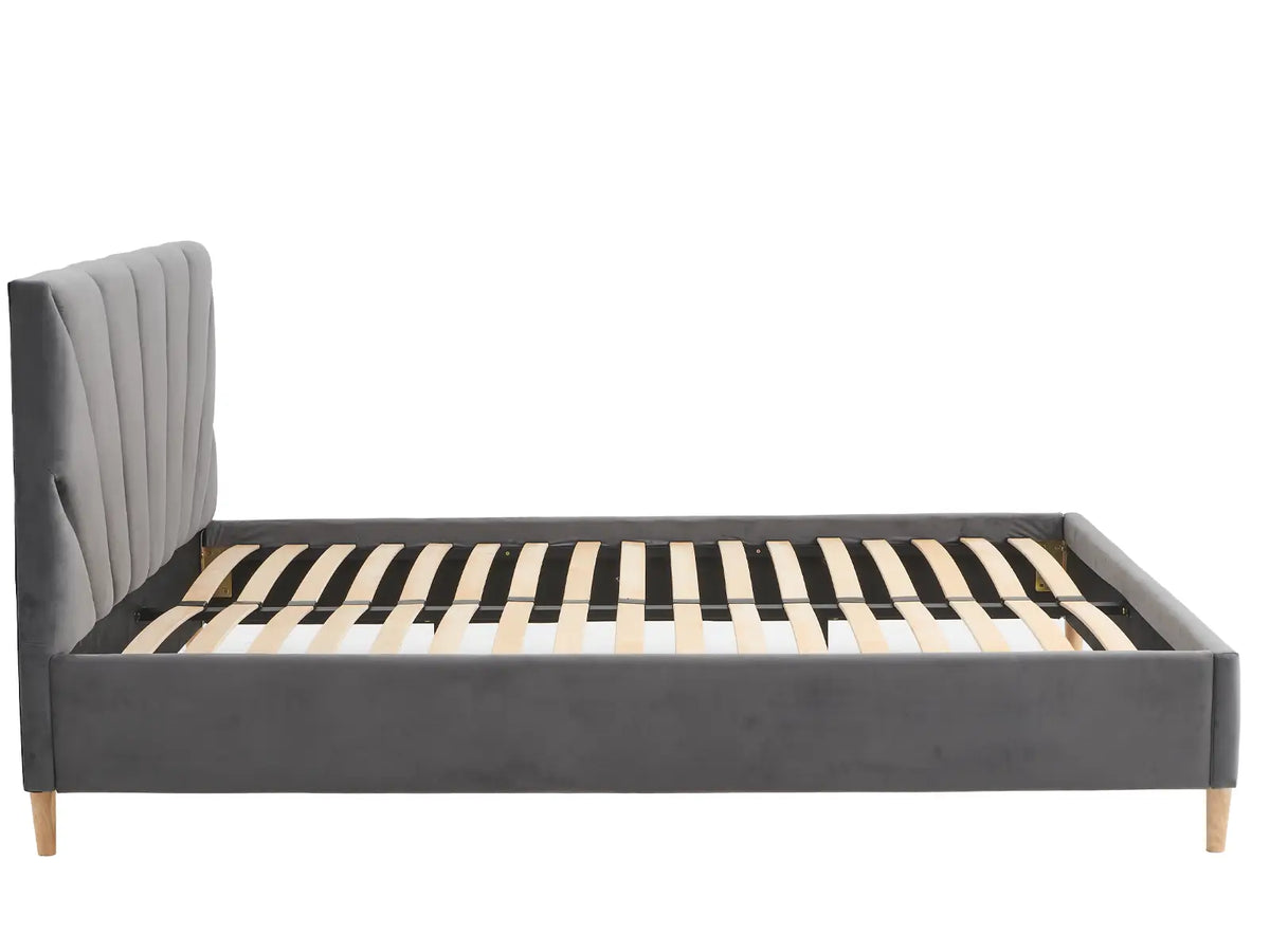 Solaris Grey Bed — Handcrafted Upholstered Bed with Art Déco Headboard